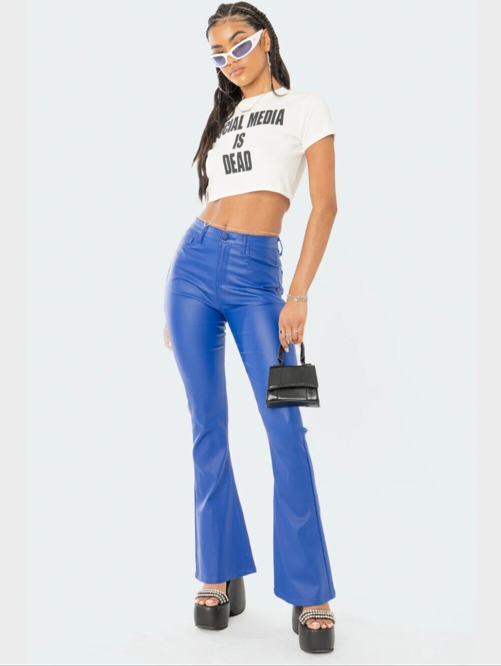 Edikted Luna Blue Faux Leather Flare Jeans Size Medium